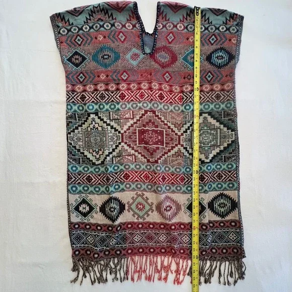 Boho Aztec Geometric Tribal Print Fringed Kaftan Poncho Tunic Top Size M/L‎ - Picture 4 of 8